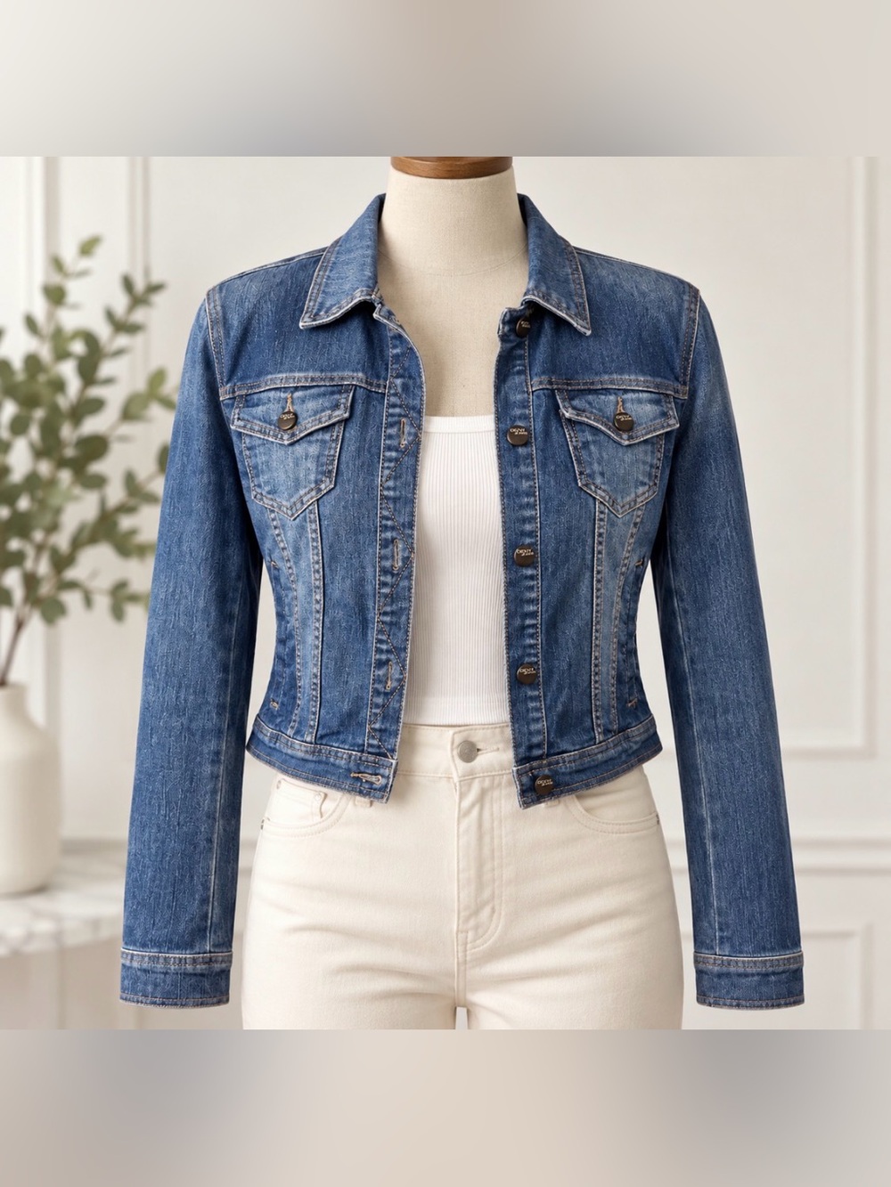 DKNY Jeans Women’s Denim Trucker Jacket Size M Medium Wash Logo Buttons
